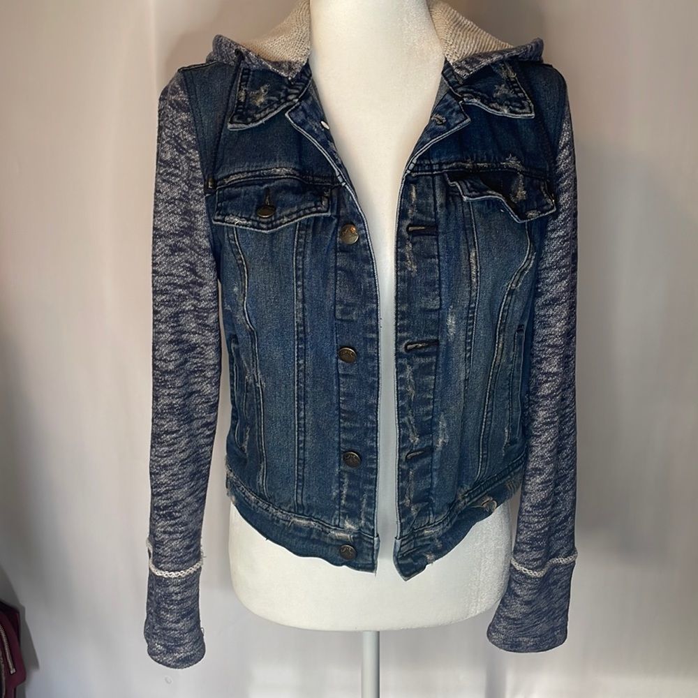 Free People distressed denim hooded jacket